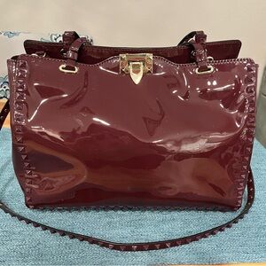 Valentino Garavani Rockstud Tote Patent Medium Red Burgundy